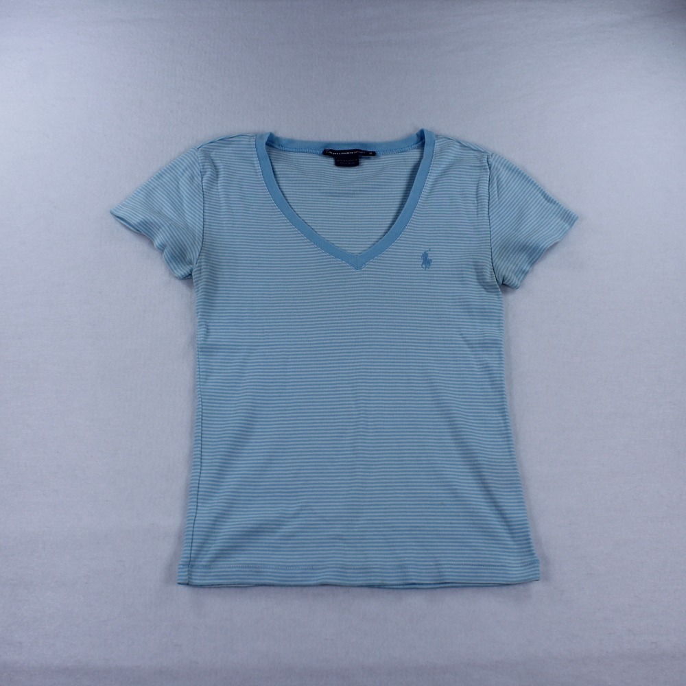 Ralph Lauren Sport Striped V-Neck T-Shirt Blue White Embroidered Pony Women's M